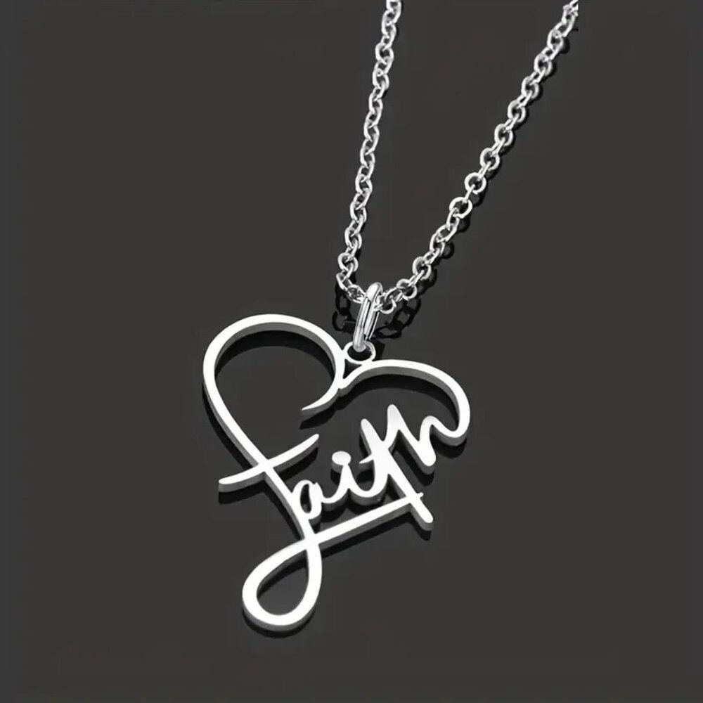 Faith Heart Necklace Silver Tone Chain Stainless Steel Pendant Religious 22 in